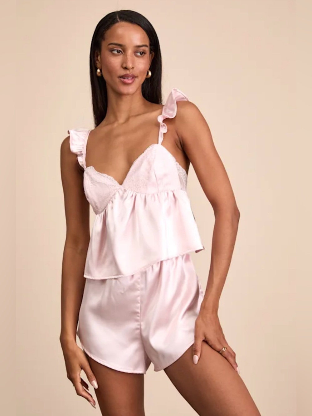 NWT Lulu’s Satin Ruffle-Shoulder Cami & Short Sleep Set - Light Pink - XL